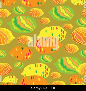 Abstrakte Lemons-Fruit Freude nahtlose Repeat Pattern Abbildung. Hintergrund in Gelb Orange Rot Blau und Grün. Zarte Muster Hintergrund. Oberfläche pattern Design, perfekt für Gewebe, Scrapbook, Tapeten. Stock Vektor