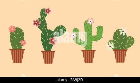 Satz von Kakteen mit Blumen in Töpfe. Flat Style. Vector Illustration. Stock Vektor