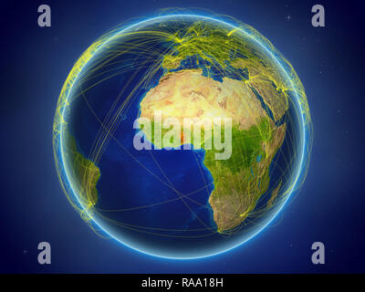 Togo aus dem Weltraum auf dem Planeten Erde mit digitalen Netzwerk für internationale Kommunikation, Technik und Reisen. 3D-Darstellung. Elemente der Thi Stockfoto