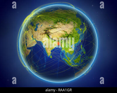 Bangladesch aus dem Weltraum auf dem Planeten Erde mit digitalen Netzwerk für internationale Kommunikation, Technik und Reisen. 3D-Darstellung. Elemente Stockfoto