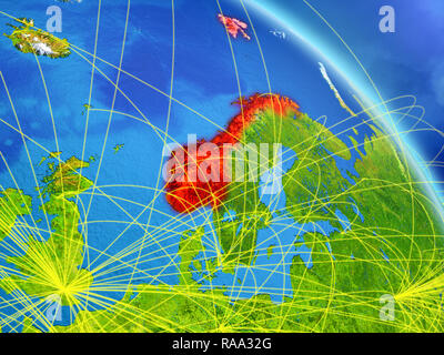 Norwegen von Speicherplatz auf dem Modell des Planeten Erde mit Netzwerk. Konzept der digitalen Technologie, Konnektivität und Reisen. 3D-Darstellung. Elemente dieser Ima Stockfoto