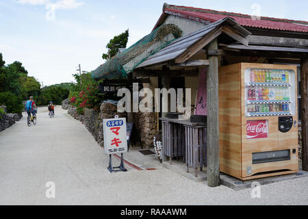 Mutter und Sohn Erkundung traditionellen Dorf Taketomi beim Reiten Fahrräder auf Straßen mit Hibiskus Insel in Okinawa, Japan abgedeckt Stockfoto