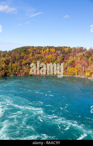 Die Aussicht auf die Niagara Whirlpool auf der kanadischen und US-amerikanischen Grenze. Im Hintergrund ist das bunte Laub der Bäume im Herbst gesehen werden. Stockfoto