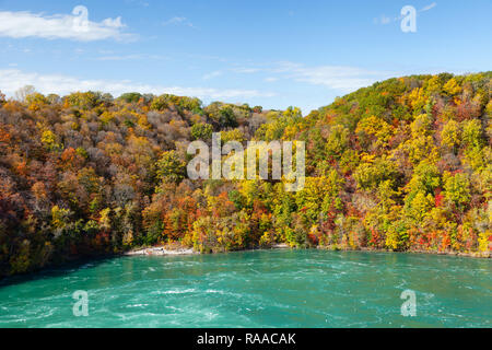 Die Aussicht auf die Niagara Whirlpool auf der kanadischen und US-amerikanischen Grenze. Im Hintergrund ist das bunte Laub der Bäume im Herbst gesehen werden. Stockfoto