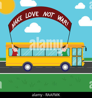 Handschrift text Liebe, nicht Krieg. Begriff Sinne nicht gegeneinander kämpfen, um Frieden und Liebe zwei Kinder in der Schule Bus heraus halten, Ba Stockfoto