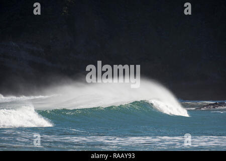 Wellen gegen den starken Wind und einen dunklen Hintergrund an der Küste brechen, Victoria Australien Stockfoto