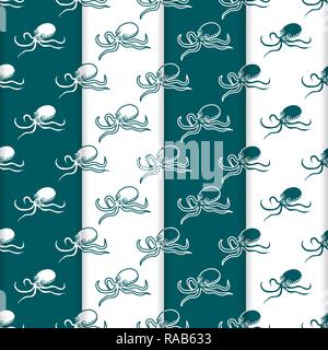 Satz 4 Vector nahtlose Muster mit Kraken. Meer Einwohner. Tiere unter Wasser. Design für die Verpackung, Stoff, marine Hintergrund drucken. Stock Vektor