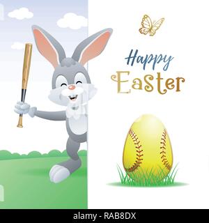 Frohe Ostern. Sport Grußkarte. Niedliche Kaninchen mit Softball Ei und bat. Vector Illustration. Stock Vektor
