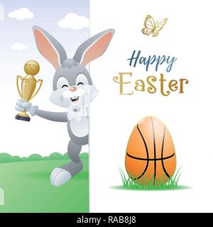 Frohe Ostern. Sport Grußkarte. Niedliche Kaninchen mit Basketball Ei und Gold Cup. Vector Illustration. Stock Vektor