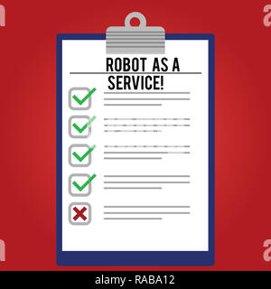Handschrift Text schreiben Roboter als Service. Begriff Sinne künstliche Intelligenz digitale Hilfe Chat bot gesäumt Farbe vertikale Zwischenablage mit C Stockfoto