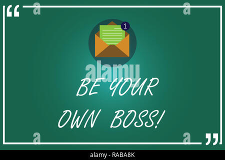 Handschrift Text schreiben werden Sie Ihr eigener Chef. Begriff Sinne Unternehmertum Start business Unabhängigkeit Selbständige offenen Umschlag mit Papier neue Emai Stockfoto