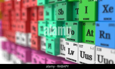 Verzerrte Periodensystem Konzept. Würfel farbigen von Element Gruppen. Geeignet für, Physik, Wissenschaft, Technologie und Bildung Themen. 3D-Darstellung Stockfoto