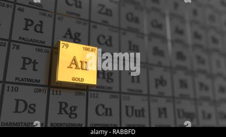 Periodensystem Konzept mit schwarzer Würfel. gold Element ausgewählt. 3D-Darstellung Stockfoto