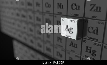 Periodensystem Konzept mit Würfeln. silber Element ausgewählt. 3D-Darstellung Stockfoto