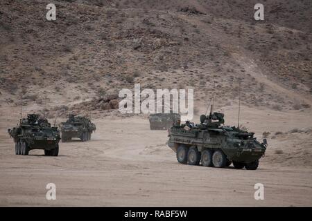 Interim Armored Vehicle (IAV) Stryker's trägt Soldaten in einem Dorf während der Übung, NTC-17-03, National Training Center, Ft. Irwin, CA., 18.01.2017. Das National Training Center führt Hart, realistisch, Unified Land arbeiten mit unseren Vereinigte Aktion Partner Brigade Combat Teams und anderen Einheiten für den Kampf vorbereiten, während die Betreuung der Soldaten, Zivilisten, und Familienmitglieder. Stockfoto