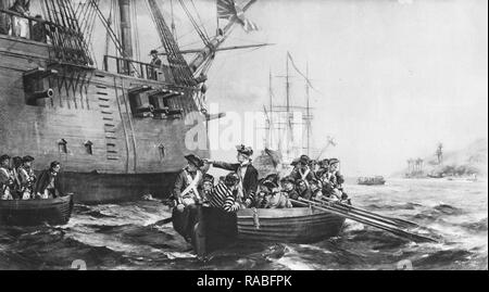 Kapitän James Cook macht seinen letzten Besuch in Hawaii, wo er getötet wurde eine gestohlene Longboat abzurufen. Stockfoto