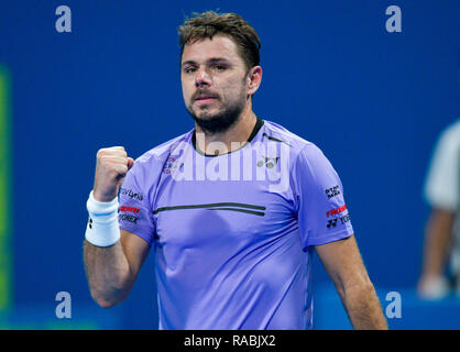 Doha, Katar. 2 Jan, 2019. Stan Wawrinka der Schweiz feiert während der zweiten Runde singles Match gegen Nicolas Jarry von Chile bei der ATP Tennis Qatar Open in Doha, der Hauptstadt von Katar, Jan. 2, 2019. Credit: Nikku/Xinhua/Alamy leben Nachrichten Stockfoto