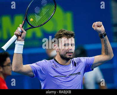 Doha, Katar. 2 Jan, 2019. Stan Wawrinka der Schweiz feiert, nachdem die singles Achtelfinale gegen Nicolas Jarry von Chile bei der ATP Tennis Qatar Open in Doha, der Hauptstadt von Katar, Jan. 2, 2019. Credit: Nikku/Xinhua/Alamy leben Nachrichten Stockfoto