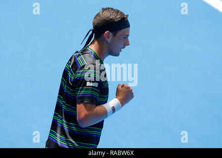 RAC-Arena, Perth, Australien. 3 Jan, 2019. Hopman Cup Tennis, die von Mastercard gefördert; Cameron Norrie von Team Großbritannien reagiert auf einen Punkt Credit: Aktion plus Sport/Alamy leben Nachrichten Stockfoto