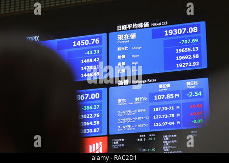 Tokio, Japan. Am 4. Januar, 2019. Leute schauen auf eine elektronische Karte anzeigen die Aktienkurse an der Börse in Tokio in Tokio, Japan, Jan. 4, 2019. Tokyo stocks eröffnet am Freitag scharf niedriger, bei dem Benchmark Nikkei Index Tracking eine Aktien Rout auf Wall Street über Nacht durch Apple Inc. funkte senken den Umsatzausblick und Bedenken über eine globale Konjunkturabschwächung. Credit: Du Xiaoyi/Xinhua/Alamy leben Nachrichten Stockfoto