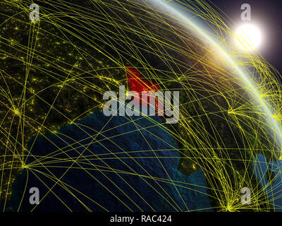 Bangladesch aus dem Weltraum auf realistischen Modell der Planet Erde mit Netzwerk. Konzept der digitalen Technologie, Konnektivität und Reisen. 3D-Darstellung. Grundschule Stockfoto