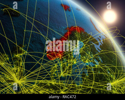 Norwegen aus dem Weltraum auf realistischen Modell der Planet Erde mit Netzwerk. Konzept der digitalen Technologie, Konnektivität und Reisen. 3D-Darstellung. Elemente o Stockfoto