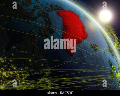 Grönland aus dem Weltraum auf realistischen Modell der Planet Erde mit Netzwerk. Konzept der digitalen Technologie, Konnektivität und Reisen. 3D-Darstellung. Element Stockfoto
