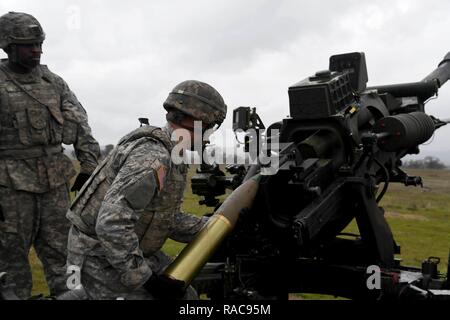 Eine Armee Soldat Bravo Batterie, 3-638rd Feld Artillerie zugewiesen, lädt eine M119A3 105mm Howitzer in Camp Roberts, Calif., 18. Januar 2017. Stockfoto