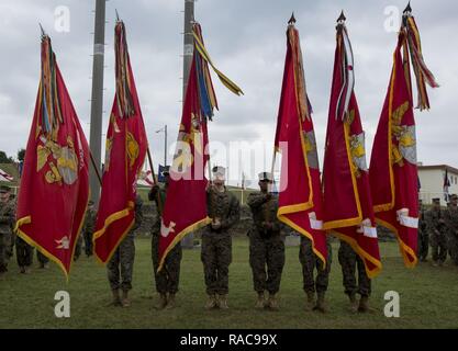 Us-Marines tragen das Marine Corps Farben bei einem Befehl Zeremonie für 3rd Marine Division auf Lager Courtney, Okinawa, Japan, Jan. 20, 2017. Generalmajor Richard L. Simcock II Befehl zum Generalmajor Craig f. Timberlake aufgegeben. Stockfoto