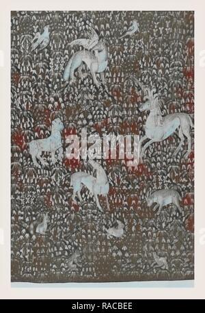 Millefleurs Boden mit lockig-Maned Pferd, Leopard, Fox, ram (?), Hirsche, Kaninchen und Vögel. Neuerfundene durch Gibon. Klassische neuerfundene Stockfoto