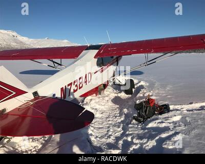 Eine Aviation überleben Techniker von Coast Guard Air Station Kodiak unterstützt den Piloten in der Aufrichtenden ein Flugzeug seine Nase auf gefrorenen Hallo Glacier Lake in der Nähe von Shelikof Strait, Alaska, Jan. 22, 2017. Die Kodiak MH-60 Jayhawk Helikopter crew hissten die Überlebenden und transportiert ihn zu Kodiak. Stockfoto