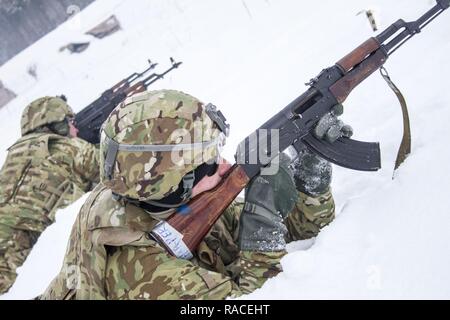 Sgt. Landan McBride von Edmond, Oklahoma feuert eine AKM Gewehr als Teil der Kursleiter Normung Ausbildung an der internationalen Friedenssicherung und Security Center, in der Nähe der Yavoriv, Ukraine, am 31.01.19. McBride ist Mitglied der Firma A, 1st Battalion, 179Th Infantry Regiment, 45th Infantry Brigade Combat Team. Seine Firma, und eine andere von 1 Mrd. Euro. 179Th Inf. Regt., feuerte die AKM Gewehr und PKM Maschinengewehr, sich mit den Waffen vertraut zu machen, bevor die Zusammenarbeit mit ukrainischen Combat Training Center Mitarbeiter an der IPSC zum Mentor Ukrainische Armee Einheiten drehen durch das Training Center. Stockfoto