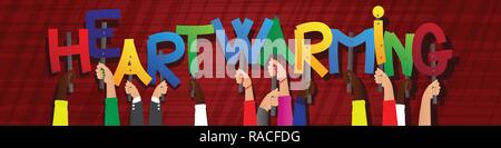 Diverse Hände, die Buchstaben des Alphabets erstellt das Wort herzerwärmend. Vector Illustration. Stock Vektor