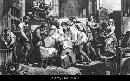 William Caxton prüft der erste Beweis seine neue Druckmaschine Stockfoto