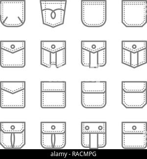 Patch Pocket Stil Vektor Symbol Leitung festgelegt. Enthält solche Ikonen als reguläre Kleid, klassische Klappe, Safari Taschen, Cargotasche und mehr. Erweiterte Anschlag Stock Vektor
