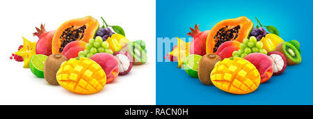 Tropische Früchte. Haufen frischen exotischen Früchten isoliert auf weißem Hintergrund, Papaya, Mango, Granatapfel, Karambolen, Mangosteen, Kiwi, Pfirsich, Weintrauben Stockfoto