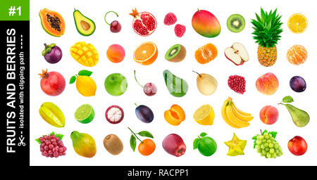 Tropische Früchte. Sammlung von verschiedenen exotischen Früchten und Beeren isoliert auf weißem Hintergrund, Ananas, Orange, Apfel, Traube, Avocado, Mango, Birne Stockfoto