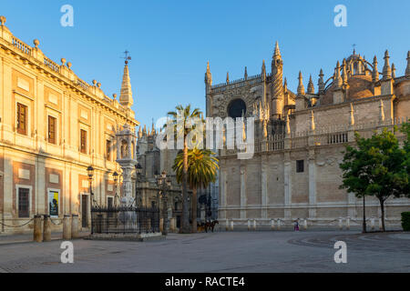 Kathedrale von Sevilla und Archivo de Indias, Weltkulturerbe der UNESCO, von der Plaza del Triunfo im ersten Sonnenlicht, Sevilla, Andalusien, Spanien Stockfoto