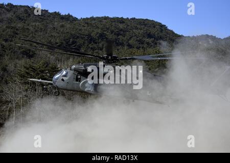 POHANG, Republik Korea (Jan. 25, 2017) Einem MH-53E Sea Dragon an die Vordenker des Hubschraubers Mine Gegenmaßnahmen Squadron (HM) 14 zugewiesen, Loslösung 2 A, landet auf einem Trainingsplatz in Pohang. HM-14 unterhält ein weltweites 72-Stunden airborne Mine Countermeasure (AMCM) eine schnelle Bereitstellung, eine der beiden Flugzeuge vorwärts bereitgestellt AMCM und vertikale onboard Lieferfähigkeit in der 7.Flotte Verantwortungsbereich. Stockfoto