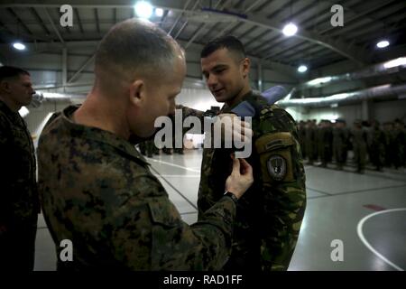 Oberstleutnant Paul C. Teachey Auszeichnungen rumänische Kapitän Laurentiu C. Anghel mit dem Navy-Marine Corps Leistung Medaille während der Übertragung der Autorität Zeremonie auf Mihail Kogalniceanu Air Base, Rumänien, Jan. 26, 2017. Schwarzes Meer die Drehkraft 16.2 wurde von BSRF 17.1 nach Ihren sechs Monat Bereitstellung, die eingeschlossene Arbeitsgänge mit 14 Partnerstaaten in Europa erleichtert. Teachey war der kommandierende Offizier der 16.2. Stockfoto