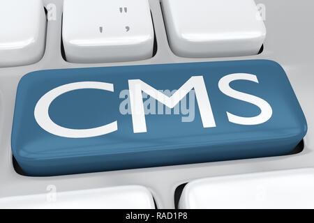 3D-Abbildung der Tastatur mit dem Print CMS auf eine blasse blaue Taste Stockfoto