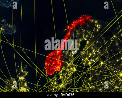 Norwegen von Speicherplatz auf dem Modell des Planeten Erde bei Nacht mit Netzwerken. Detaillierte Planeten Oberfläche mit den Lichtern der Stadt. 3D-Darstellung. Elemente dieses Bild f Stockfoto