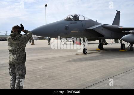 F-15 Adler zum 142. Fighter Wing Rückkehr aus Ihrem Training Mission an der Dominanz Center, Savannah Ga., Jan. 28, 2017 zugeordnet. Stockfoto