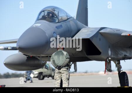 Eine F-15 Eagle zu den 142 Fighter Wing zugeordnet, bereitet sich für Flug während der Sentry Savannah17-2 Übung, Savannah, GA., Jan. 30, 2017. Sentry Savannah ist eine gemeinsame Luftkampf Training durch die Georgia Air National Guard gehostet und ist der Air National Guard grössten Kämpfer Integration, Luft-zu-Luft-Training mit der vierten und fünften Generation von Flugzeugen. Stockfoto