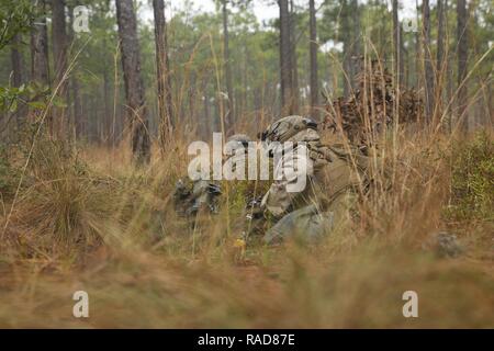 Us Marine Corps Lance Cpl. Mitchell N. Munda, Bekämpfung der Ingenieur mit Bravo Company, 2 Combat Engineer Battalion, 2nd Marine Division (2d MARDIV), bewegt sich in Bauchlage während eines zweiten Bataillon, 6 Marine Regiment, 2d MARDIV Bereich Ausbildung Übung auf Camp Lejeune, N.C., Jan. 26, 2017. Der Zweck der Übung war es, die Fähigkeiten von vorherigen Feld Ausbildung erlernt, während die Integration von mechanisierten Fahrzeug Assets um Bekämpfung zu entwickeln. Stockfoto