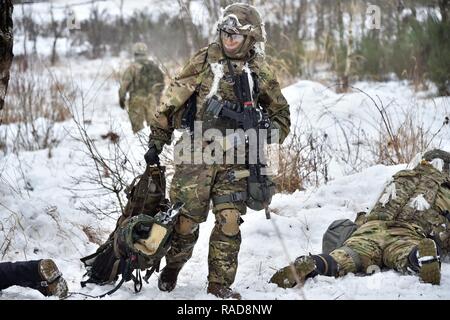 Troopers an 2nd Squadron zugeordnet, 2.Kavallerie Regiments in einer Gültigkeitsprüfung Übung an der 7th Army Training Befehl Grafenwöhr Training Area, Deutschland, 31.01.2017, teilnehmen. Die Übung wird die Staffel für verbesserte vorwärts Präsenz im Jahr 2017 vorbereiten und stellt sicher, dass Spielraum Führer an die Truppe Ebene sind in der Lage, die Integration Bekämpfung Multiplikatoren Bio das Regiment und versetzt die Truppen und Squadron eine Vielzahl von taktischen Missionen auszuführen. Stockfoto