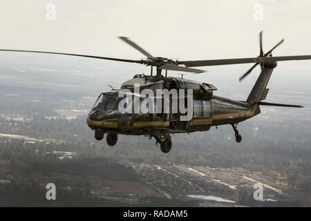 Ein UH-60 Black Hawk Hubschrauber der US-amerikanischen Zoll- und Grenzschutzbehörden, Luft und Marine Operations, fliegen in der Nähe von Dallas, Texas, Feb 1, 2017. Einheiten mit Luft und Marine Operations und Büro der Feldeinsätze teamed oben mit der Civil Air Patrol ein Luft-zu-Luft mit zwei AMO UH-60 Black Hawk Hubschraubern abfangen und zwei C-550 Citation Jets auf die Spur einer simulierten Einfall in eingeschränkten Luftraum zu üben. Us-amerikanischen Zoll- und Grenzschutz Stockfoto