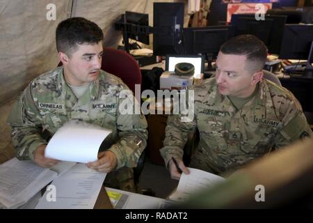 Sgt. 1. Klasse Andrew Davis, eine Athens, Alabama Eingeborener und Standardisierung noncommissioned Officer mit der 69Th Air Defense Artillery "Top Notch" Brigade, überprüft die 1 Bataillon, Instandhaltungsprogramm 43 Air Defence der Artillerie Regiment mit SPC. Daniel Ornelas (links), ein McAllen, Texas Eingeborener, und die Wartung des Systems Tracker mit dem Bataillon, 31.01.23 Im Bereich der US-Armee Oberkommando der Verantwortung. Davis Bewertungen Ausstattung der Einheit nach unten Zustände auf die kleinsten Details Richtigkeit zu bestätigen. Stockfoto