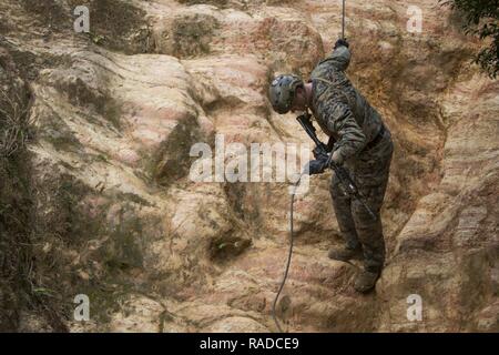 Ein Marine mit Fox Company, Bataillon Landung Team, 2nd Battalion, 5th Marines, 31 Marine Expeditionary Unit, rappels auf einer Klippe an der Jungle Warfare Training Center, Camp Gonsalves, Okinawa, Japan, Jan. 24, 2017. JWTC entlarvt Marines training Situationen und Umgebungen der Indo-Asia-Pazifik-Region, die Einsatzbereitschaft unterstützen und vorwärts eingesetzten Fähigkeiten verbessern. Wie das Marine Corps' nur kontinuierlich vorwärts eingesetzt, Luft - Boden des 31 Marine Expeditionary Unit-Logistik Team bietet eine flexible Kraft, bereit, eine breite Palette der militärischen Operation durchzuführen Stockfoto