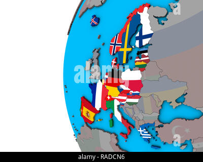 Schengen-raum Abgeordneten mit nationalen Flaggen auf Blau politische 3D-Globus. 3D-Darstellung. Stockfoto